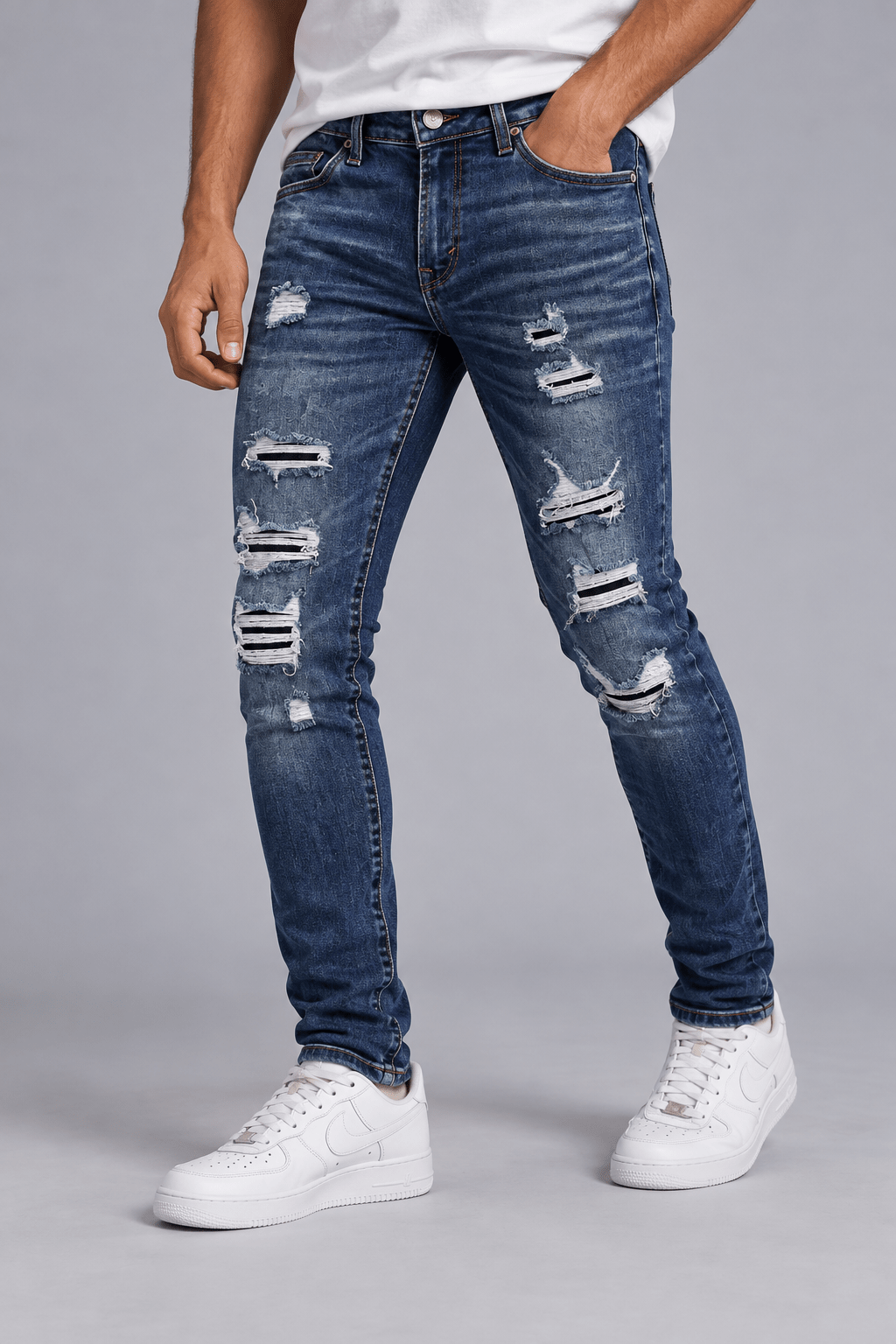 Jeans Skinny Fit Azul Desgastado con Roturas - R&H By Perussi MX